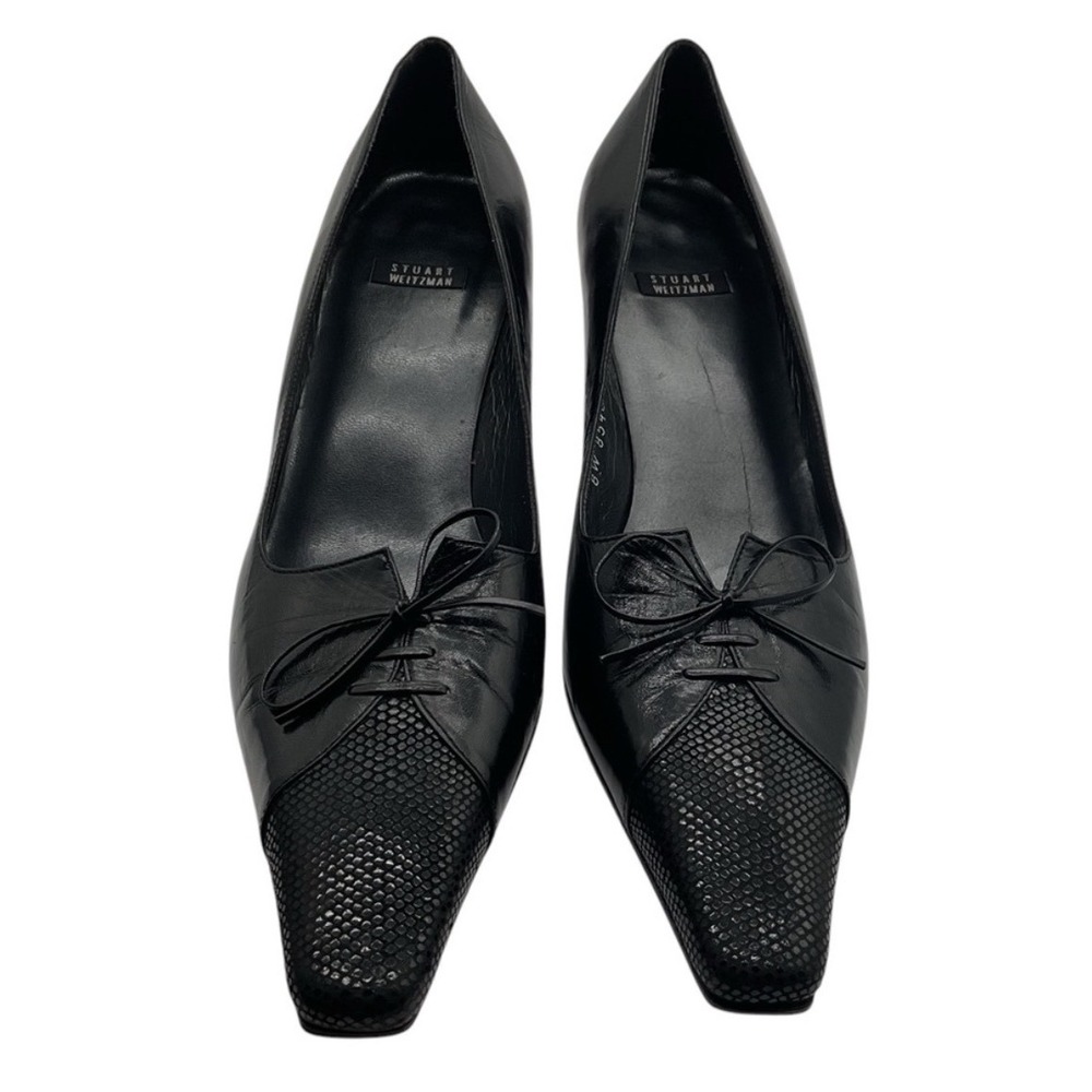 Stuart Weitzman Black Leather Lizard Embossed Bow Kitten Heel Pumps 8.5 B Spain